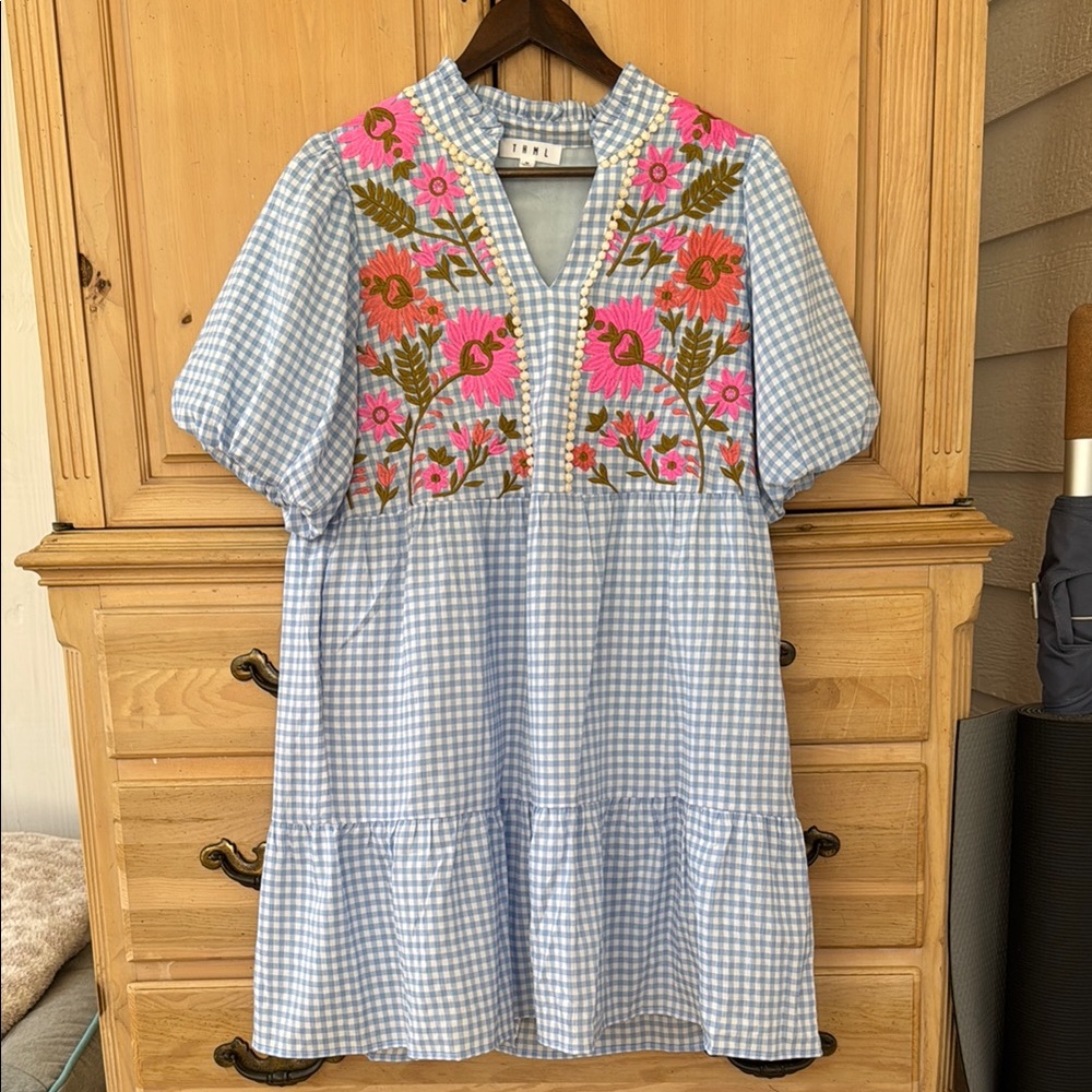 THML Blue Gingham Dress with Floral Embroidery
